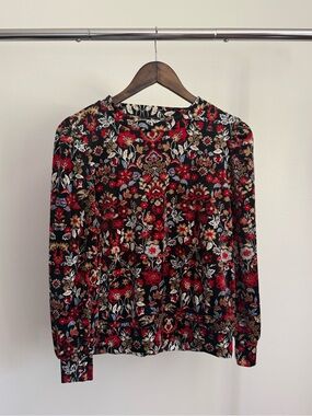 LOFT Black Floral Long-Sleeve Crewneck Top